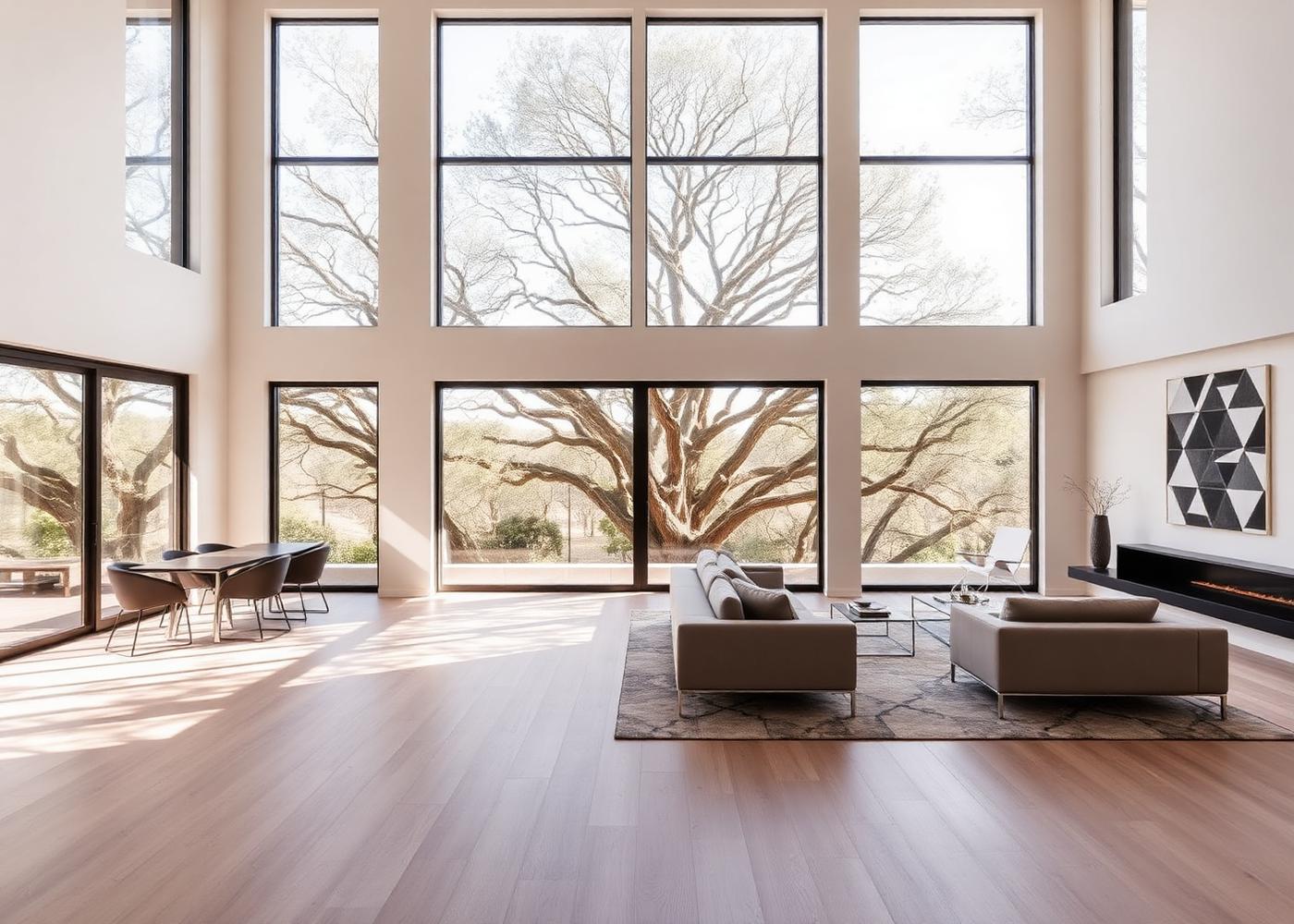 Sun-filled open concept living room with oak views