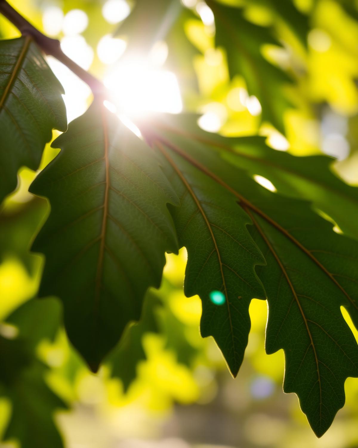 Sunlit oak leaves